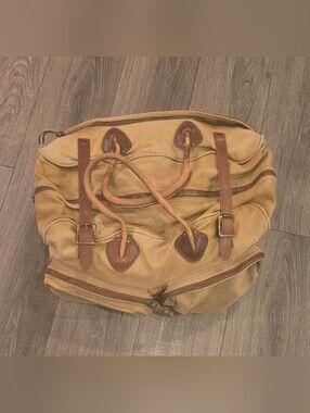 Vintage J.Crew Canvas Leather Weekender Duffel Bag Tan Brass Buckle Travel.